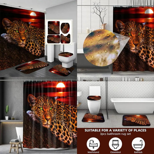 african-inspired waterproof shower curtain set: 4-piece leopard & cheetah bathroom decor with mats