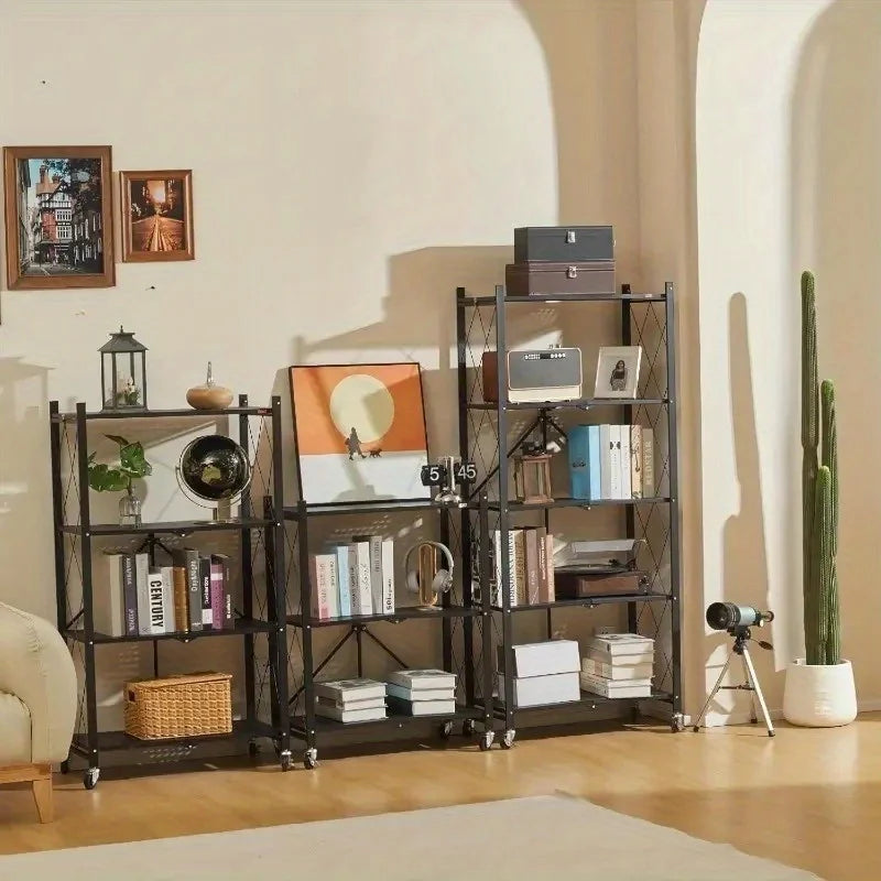 3/4/5-Tier Heavy-Duty Iron Storage Shelf with Rolling Shelves - Heavy-Duty Foldable & Portable Multi-Tier Shelving Unit