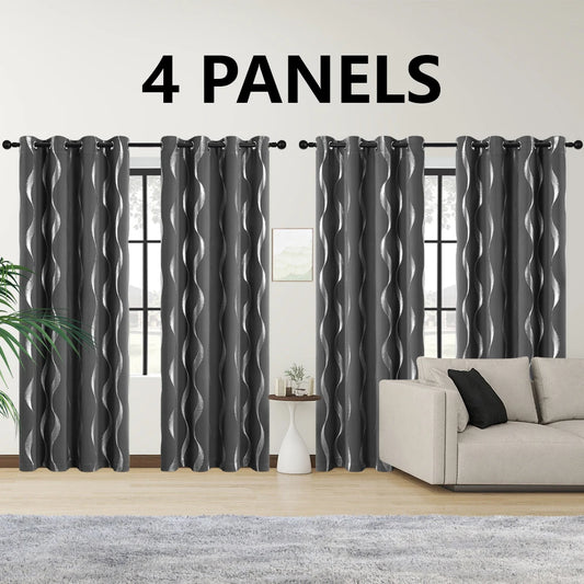 4PCS Blackout Curtains Grommet Thermal Insulated Room Darkening  With Wave Foil Printed For Bedroom