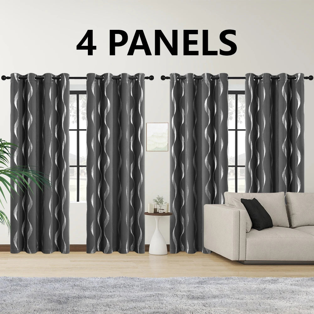 4PCS Blackout Curtains Grommet Thermal Insulated Room Darkening  With Wave Foil Printed For Bedroom