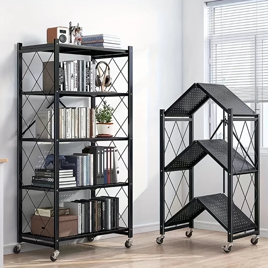3/4/5-Tier Heavy-Duty Iron Storage Shelf with Rolling Shelves - Heavy-Duty Foldable & Portable Multi-Tier Shelving Unit