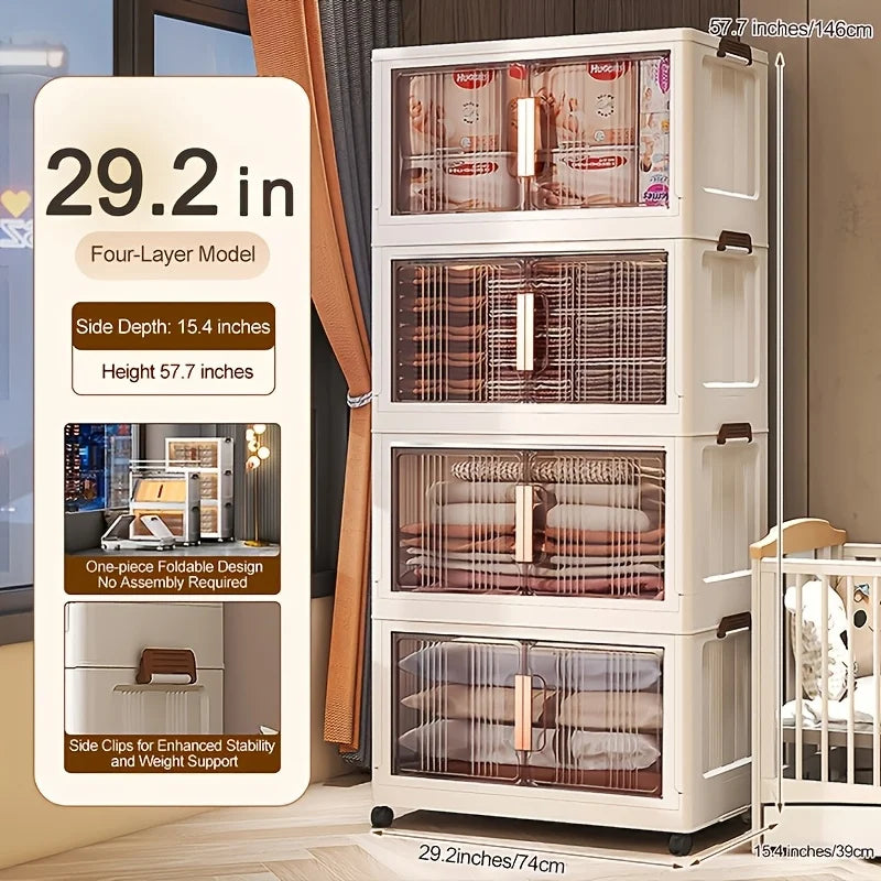 3/4/5-Tier Extra Large Folding Storage Cabinet - Plastic Storage Bins With Lids, Collapsible Stackable Containers With Wheels