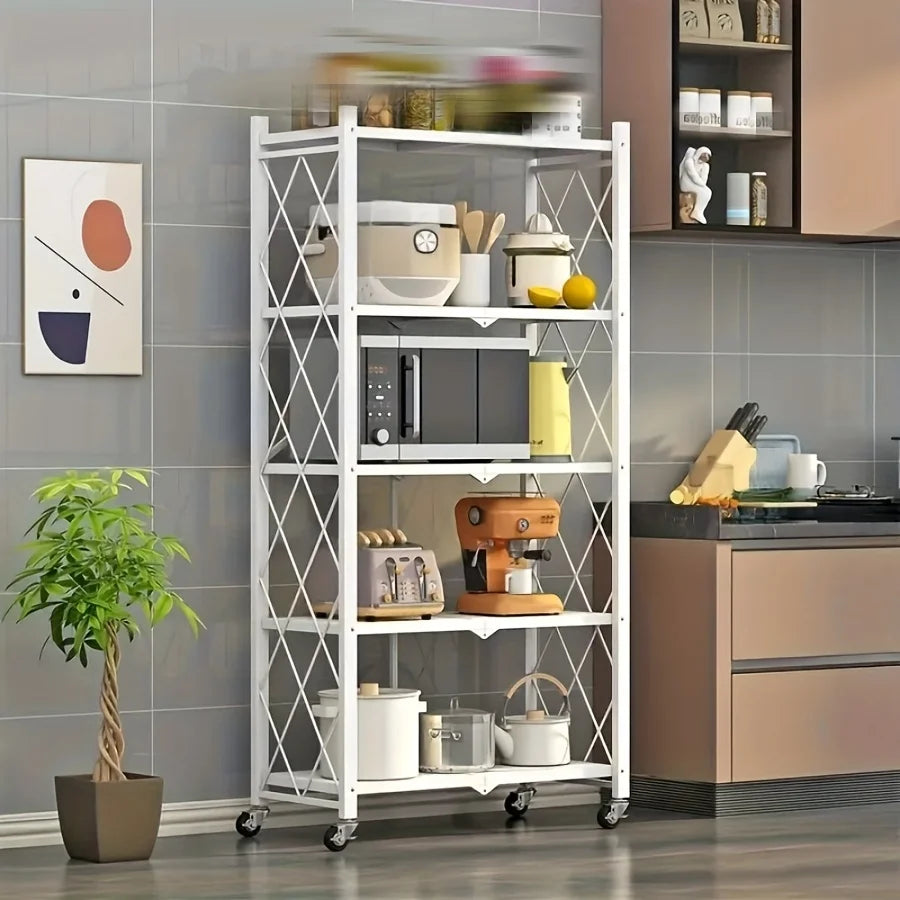 3/4/5-Tier Heavy-Duty Iron Storage Shelf with Rolling Shelves - Heavy-Duty Foldable & Portable Multi-Tier Shelving Unit