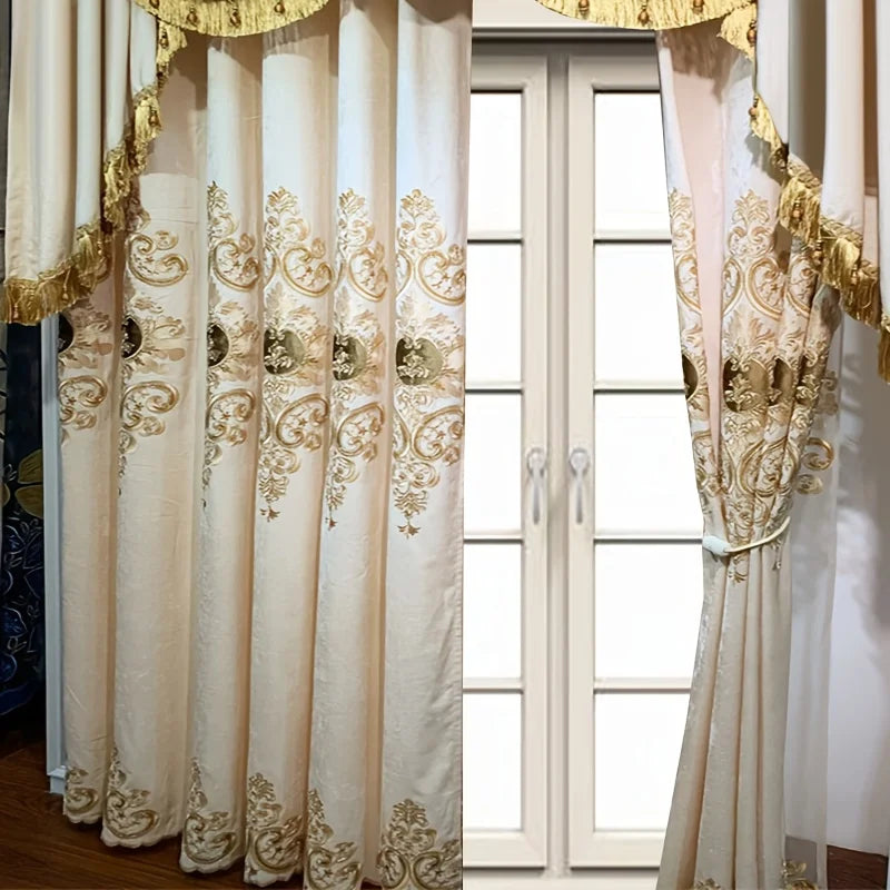 2pcs Chenille gold embroidered bedroom curtain finished, without valance