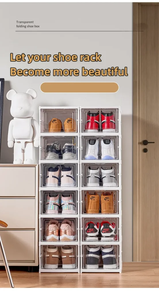 Shoes Storage Box Foldable Transparent Sneaker Shoe Organizers Cabinet Stackable Dustproof High-top Cabinet Shoe Rack Shelf