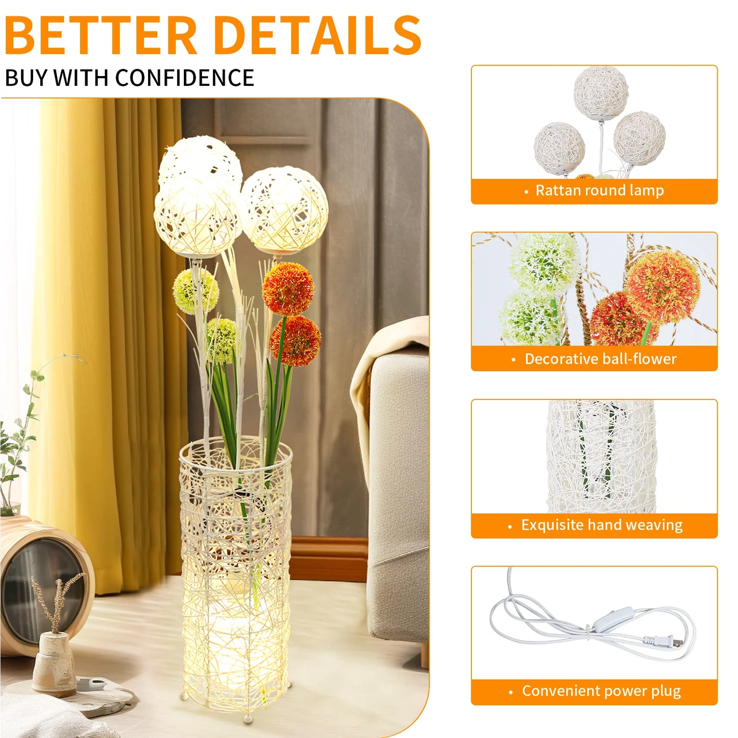 Handwoven  Floor Lamp and  Reading Light, Living room atmosphere light sofa decoration bedroom，Modern Bedside Lamps for Bedroom