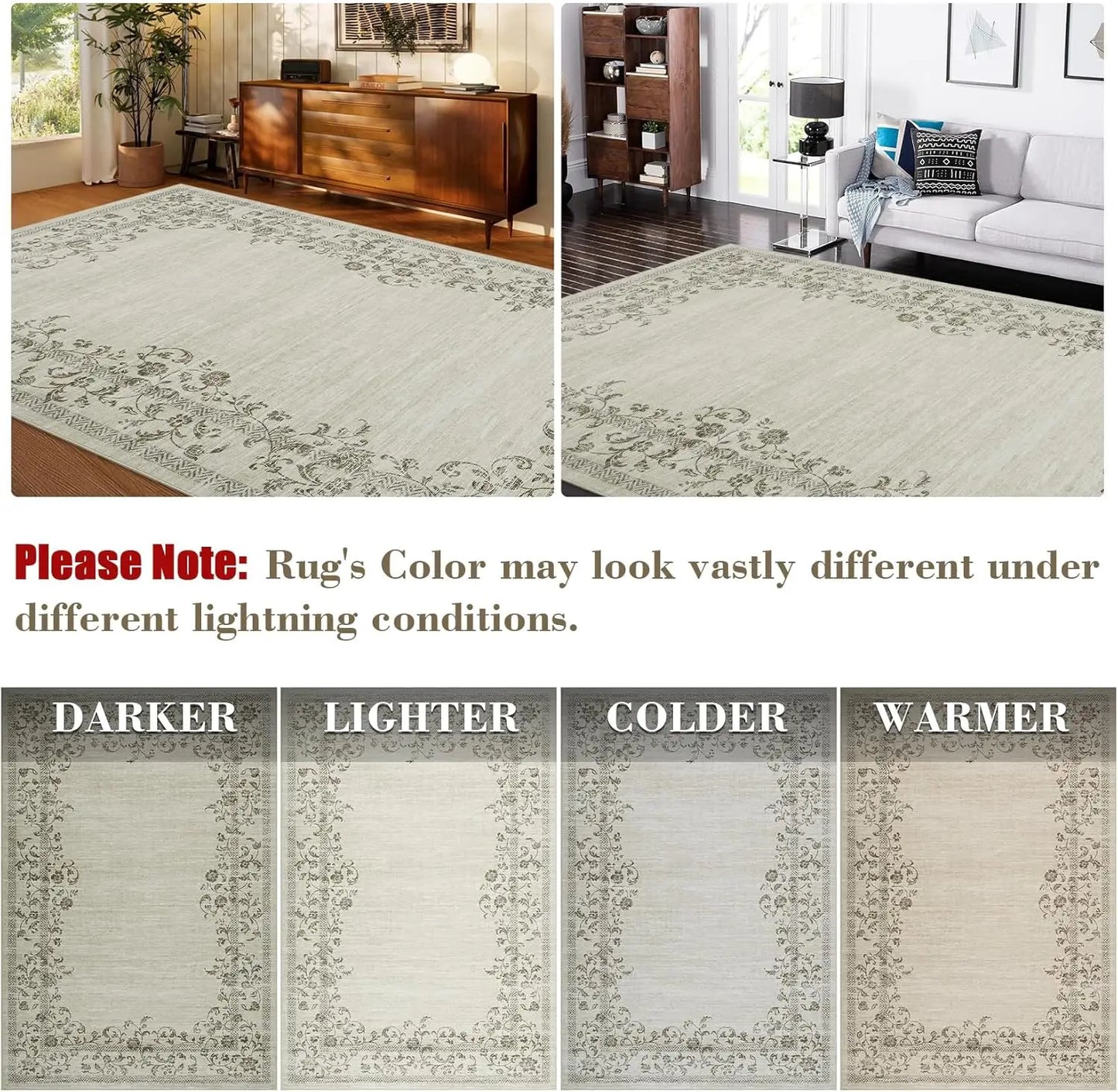 Washable Area Rug for Bedroom Farmhouse Rugs for Living Room Indoor Floral Bordered Large Rug Soft Carpet for Dining Room Office