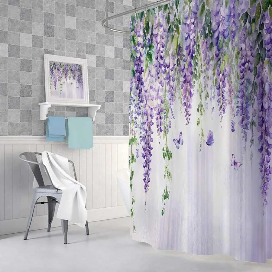 Purple Lavender Floral Butterfly Shower Curtain Spring Purple Lilac Flower Leaves Fabric Shower Curtains Set for Girl Bathroom