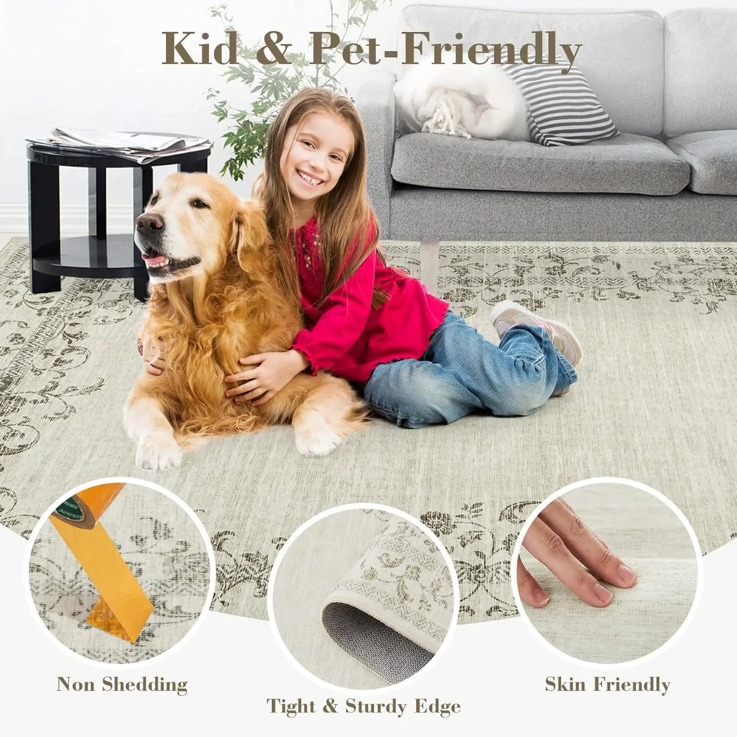 Washable Area Rug for Bedroom Farmhouse Rugs for Living Room Indoor Floral Bordered Large Rug Soft Carpet for Dining Room Office