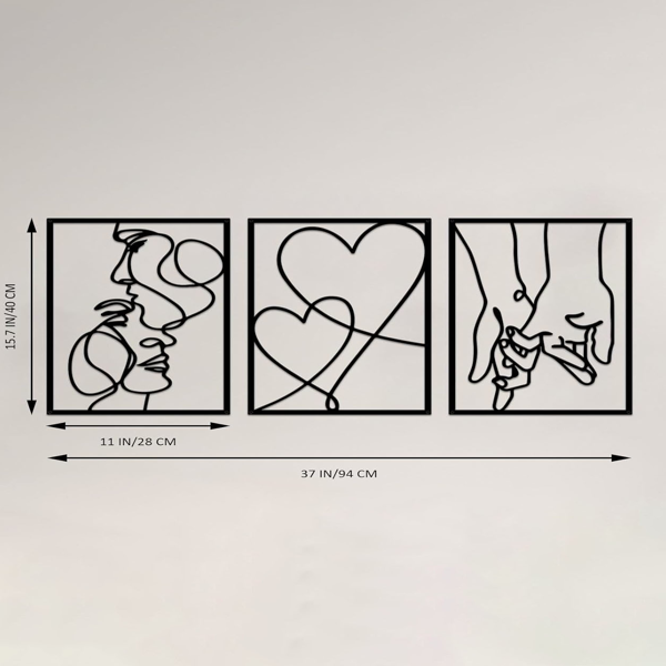 3-Piece Romantic Metal Wall Art Set - Minimalist Couple Silhouette, Love & Kiss Line Drawings, Heartwarming Decor for Bedroom,